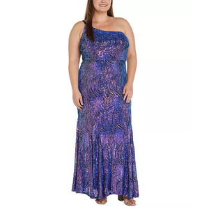 Morgan&Co Plus Size Blue Sequin One Shoulder Gown - Prom Dress